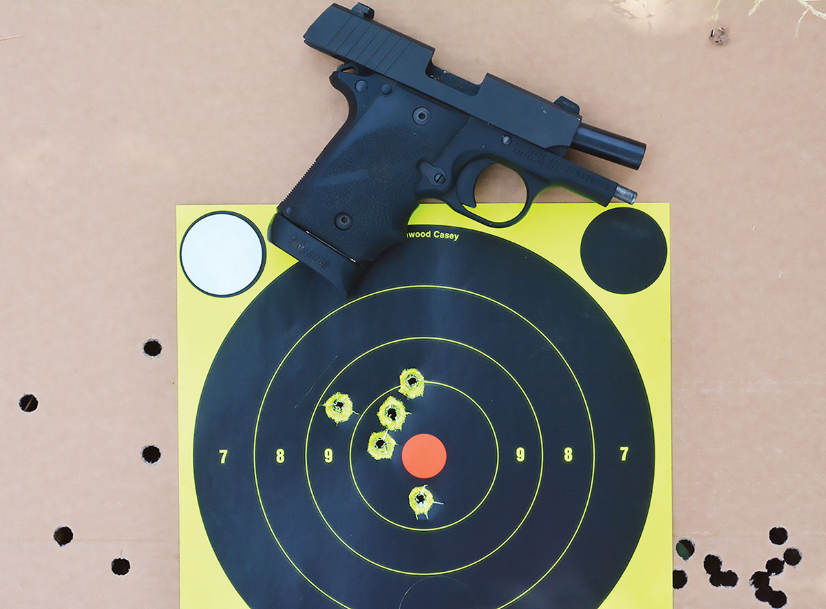 This target was fired offhand at 25 feet, which shows the easy-to-shoot nature of the SIG Sauer P238 pistol.